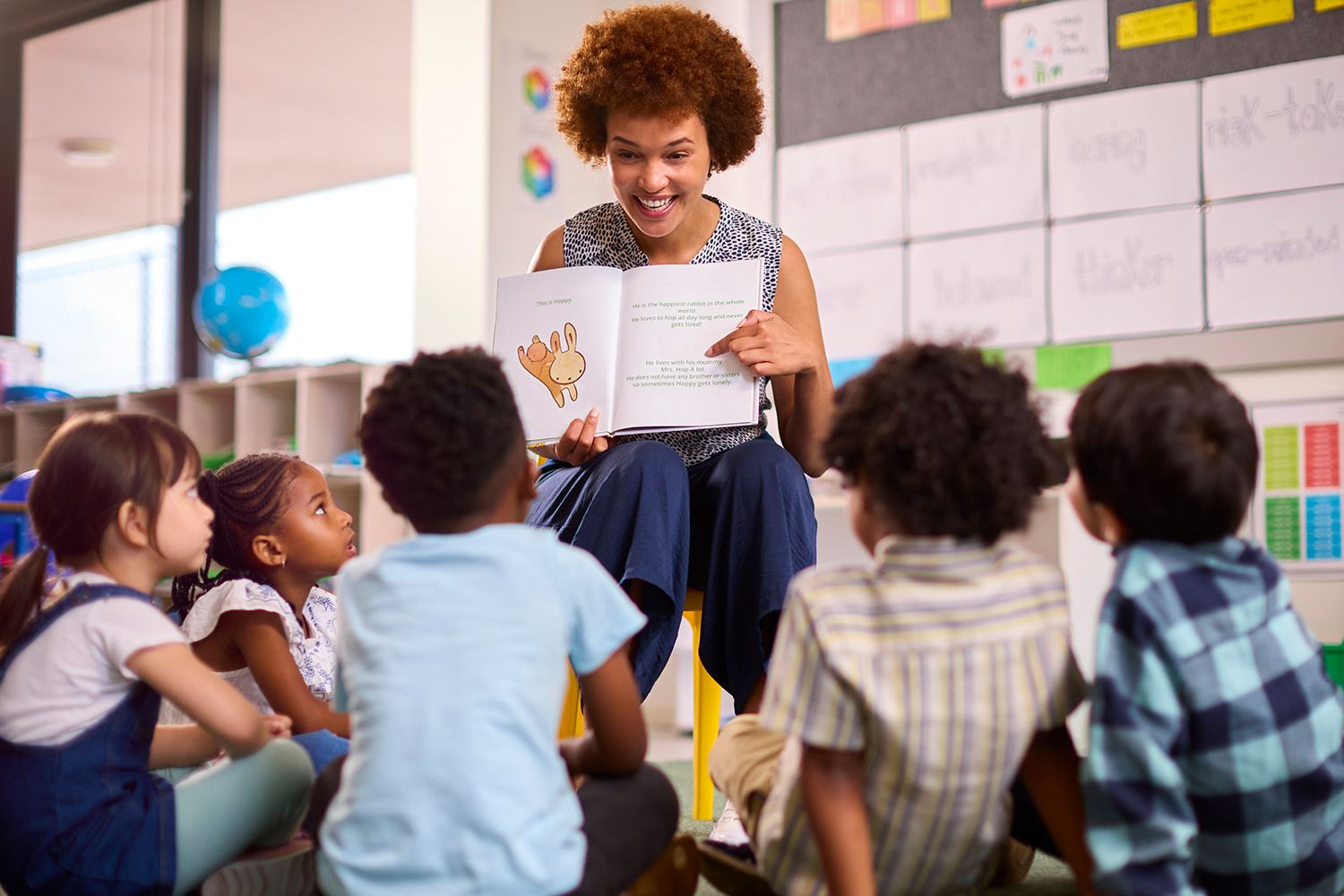 A teacher reading to a group of students.