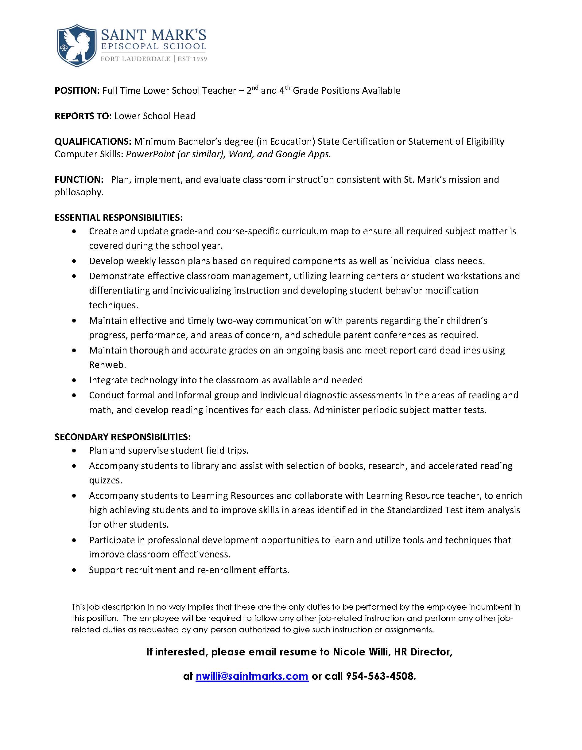 Saint Mark's Full Time Lower School Teacher Job Description