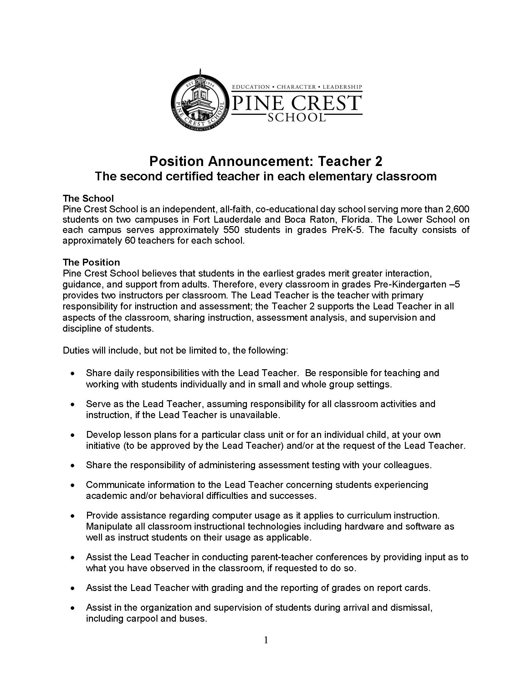 Pine Crest Teacher 2 Employment Opportunity 