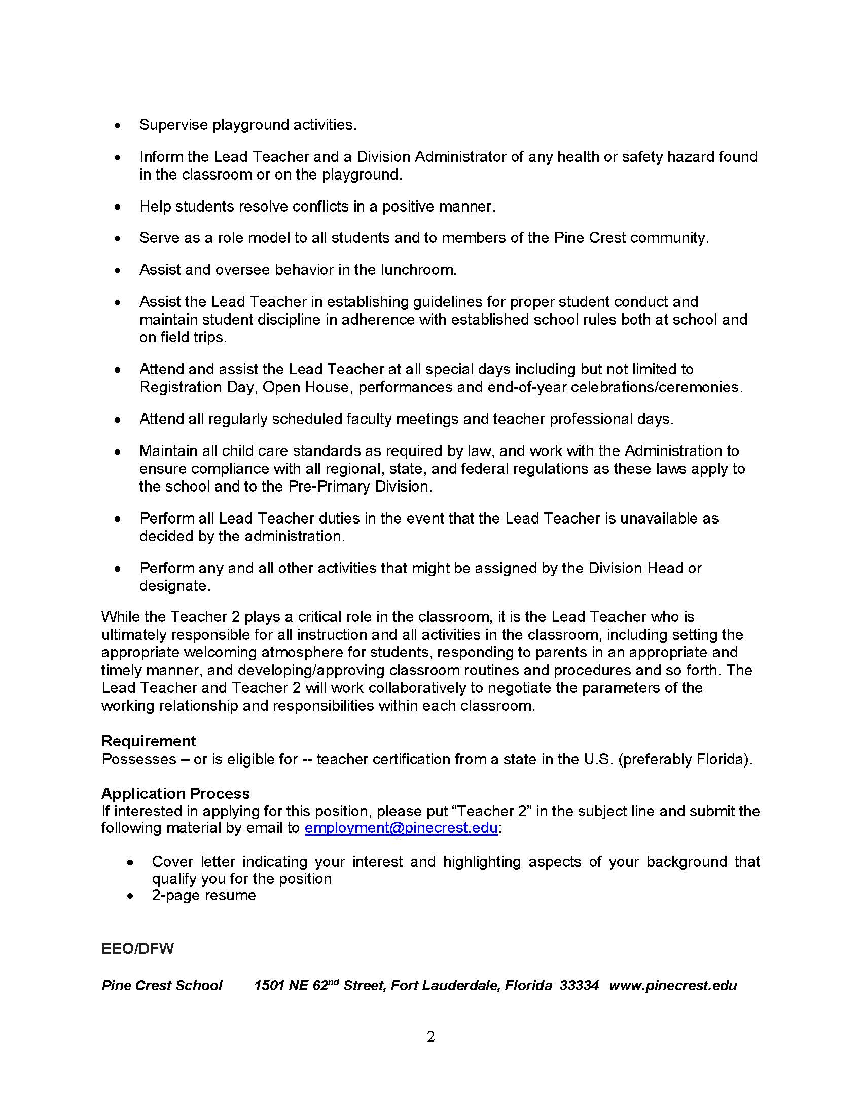 Page 2 of Job Description for Teacher 2 at Pine Crest School