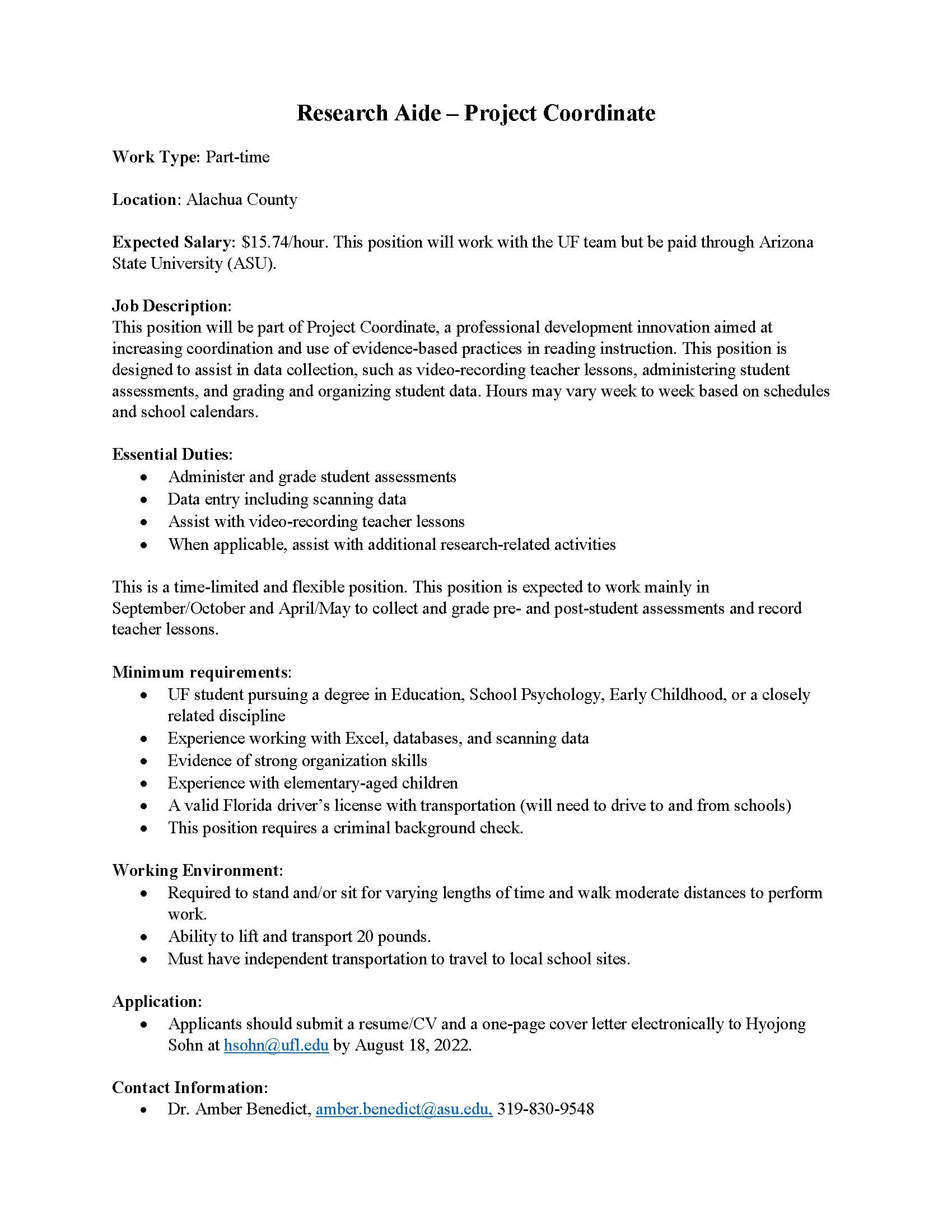 Research Aide - Project Coordinate Job Description