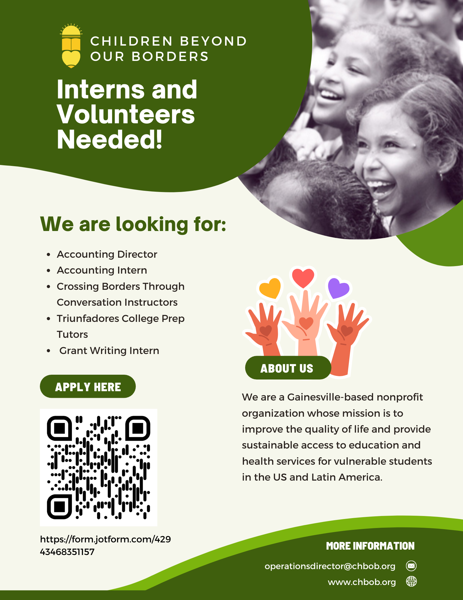 Children Beyond Our Borders Volunteer/Interns  Needed