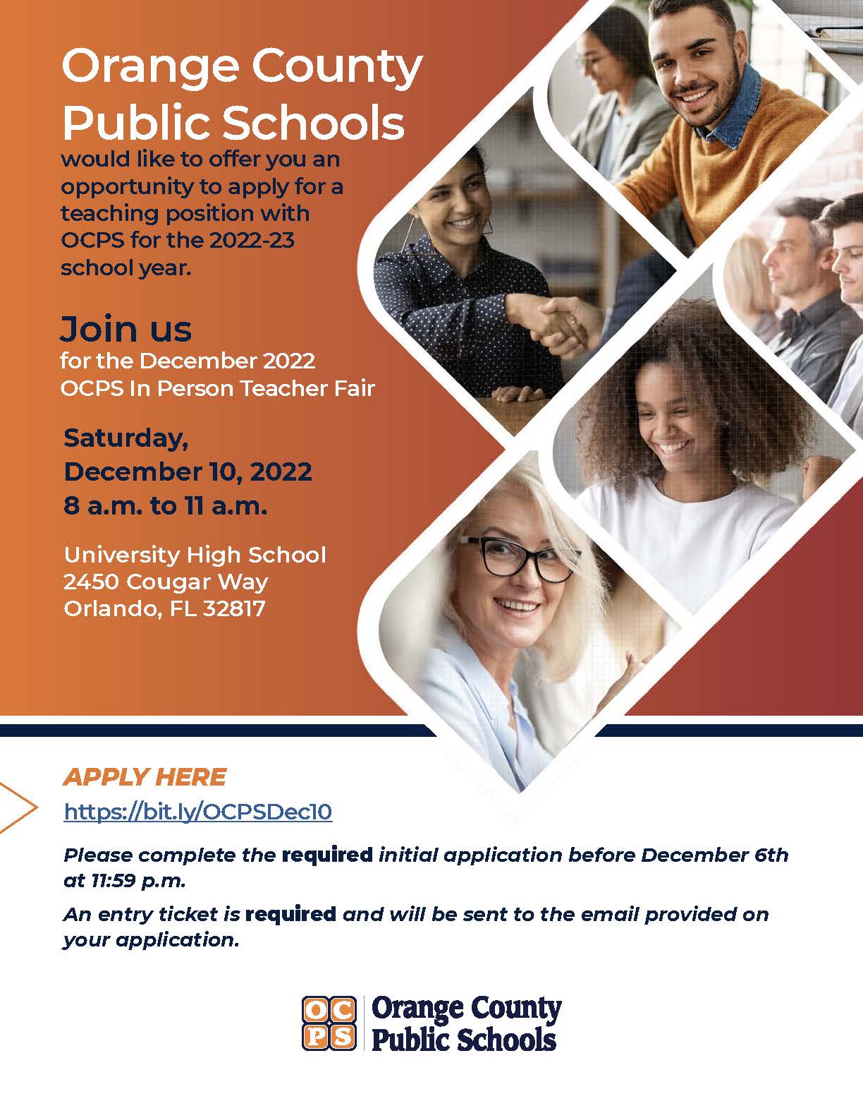 A flyer for teaching position at Orange County Public Schools. The flyer has a URL for application.