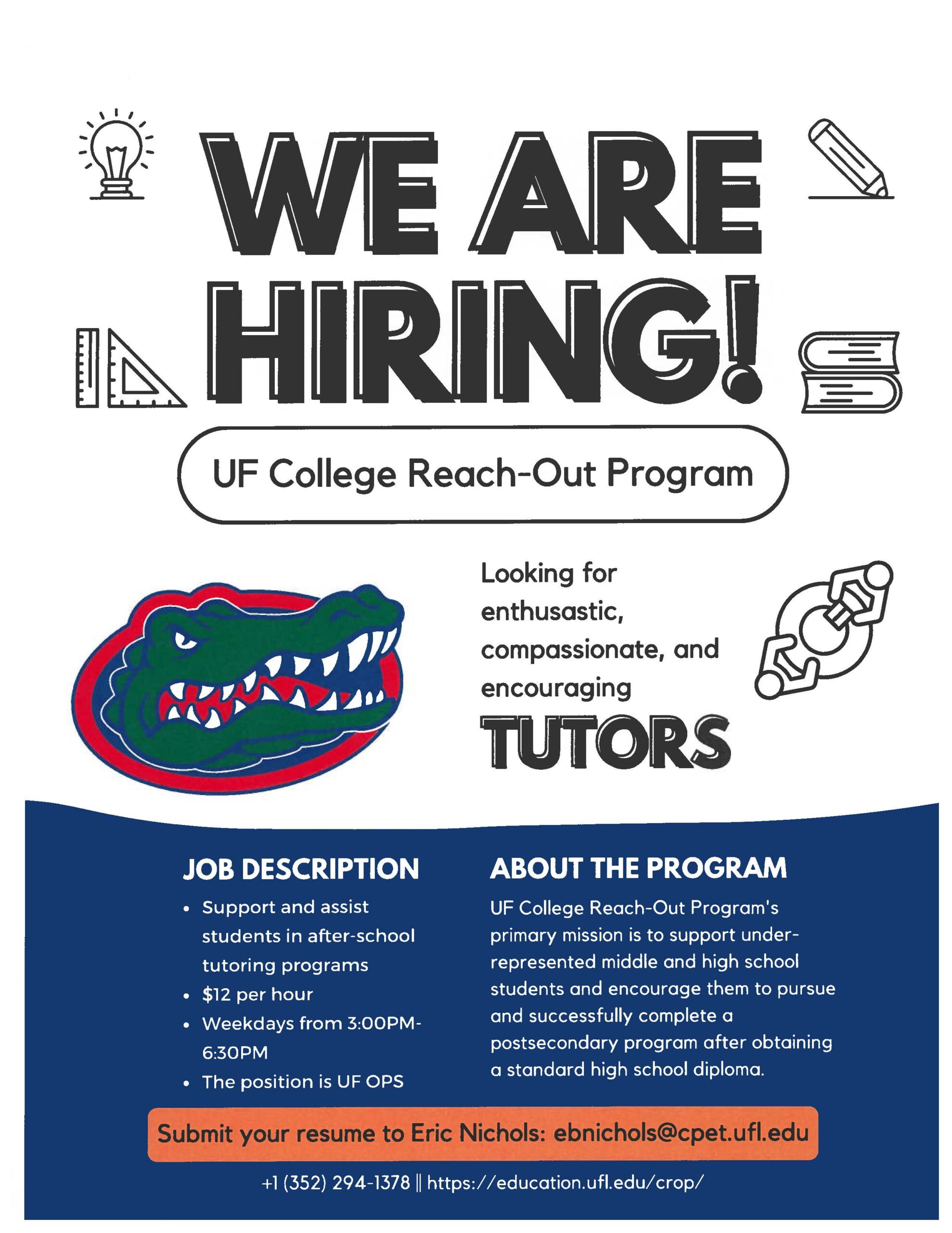 Flyer for the Tutor job opportunity. The flyer contains and email to send resume to.