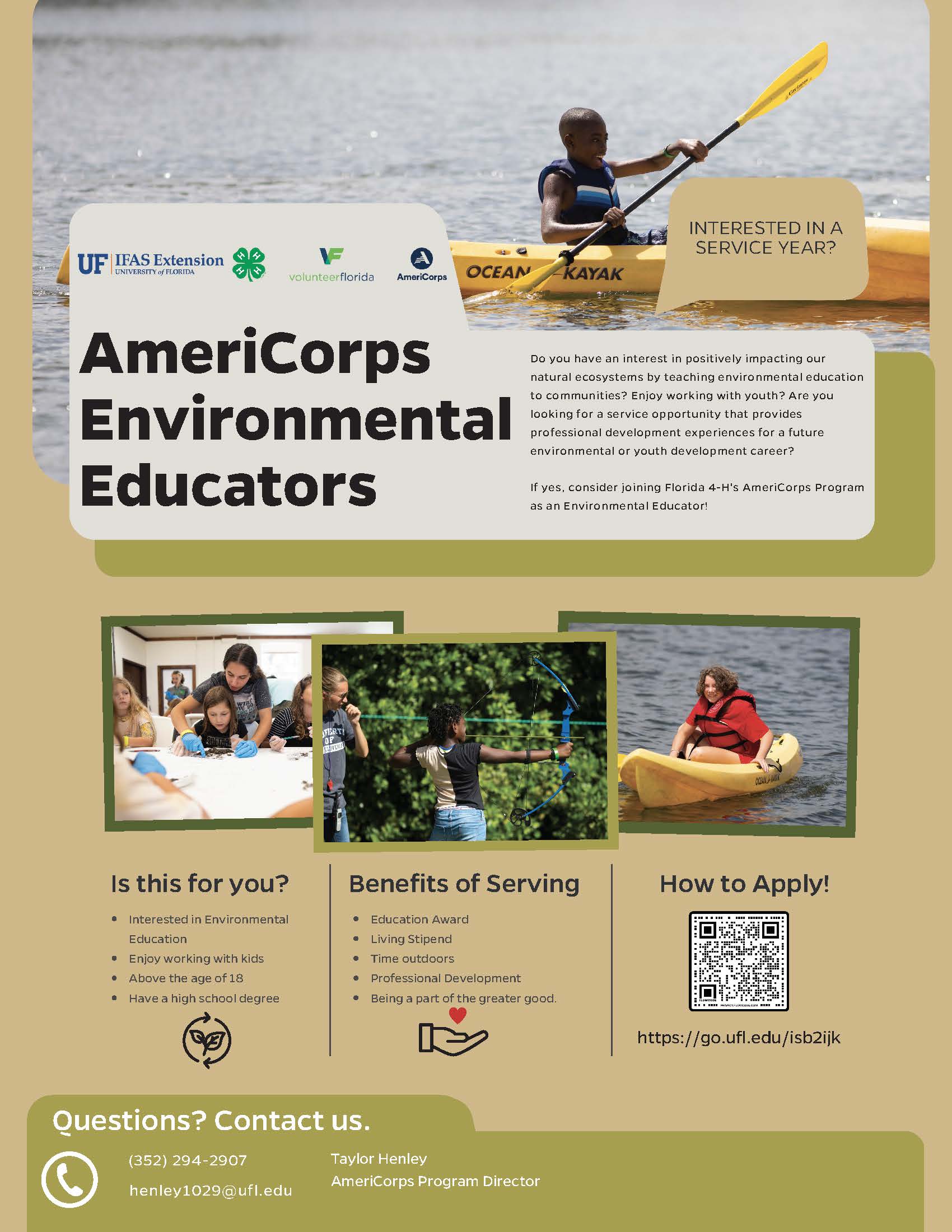 A flyer for Americorps Environmental Educators. The flyer contains a QR code for application on the bottom-right corner.
