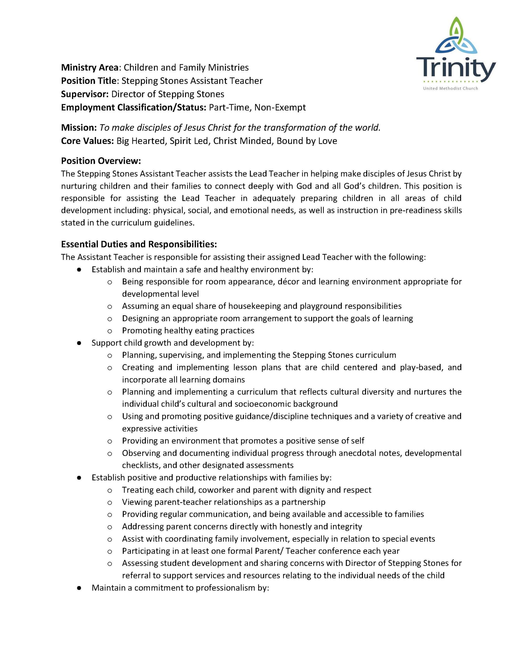 Job description for Assistant Teacher position - Page 1