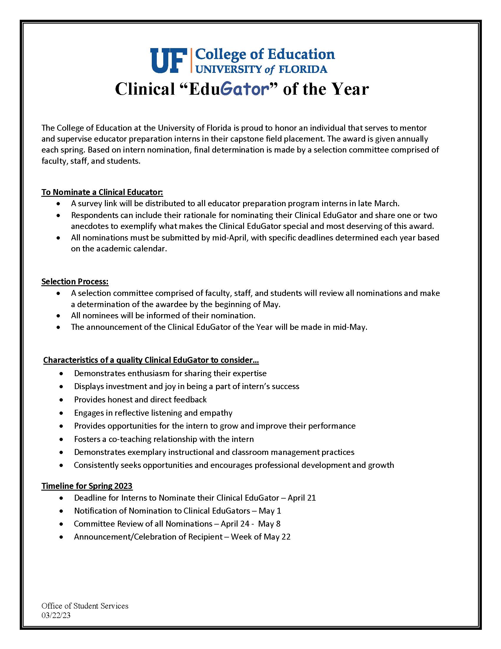 The flyer outlies the process of nomination and selection. The image also has a timeline.