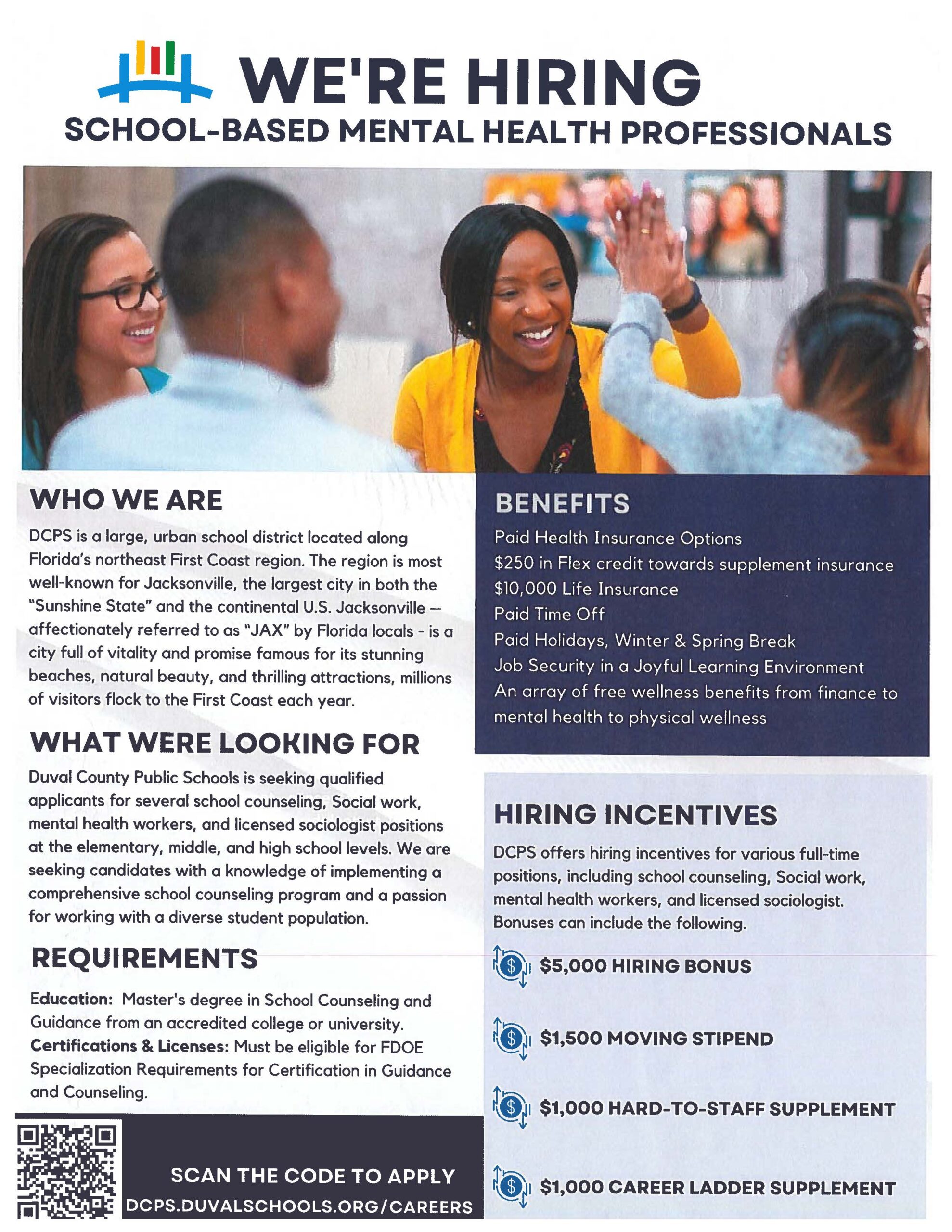 A flyer with application QR code on the bottom-left corner. 